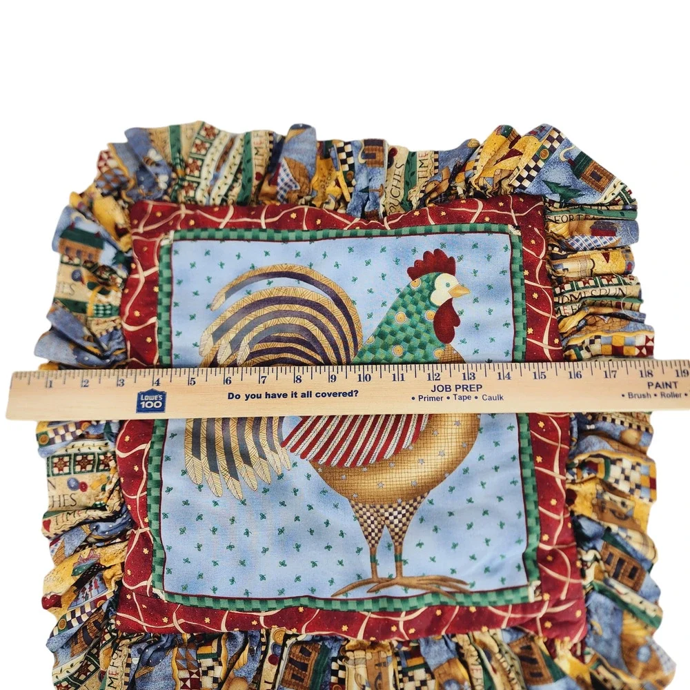 Rooster Throw Pillow Cover & Insert 18x18 inch Ruffle Edge Blue Red Green Bright
